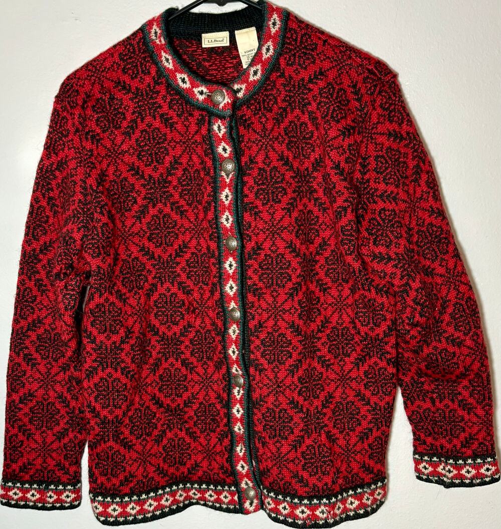Vtg L.L. Bean Womens Lg 100% Merino Wool Scandinavian Cardigan Red Heavy Sweater